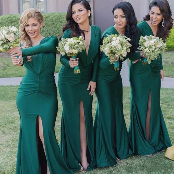 Green Deep V-образным вырезом с длинным рукавом платья невесты 2017 ruffles Front Slit Mermaid вечерние платья для женщин Длинные горничные честь свадебные платья