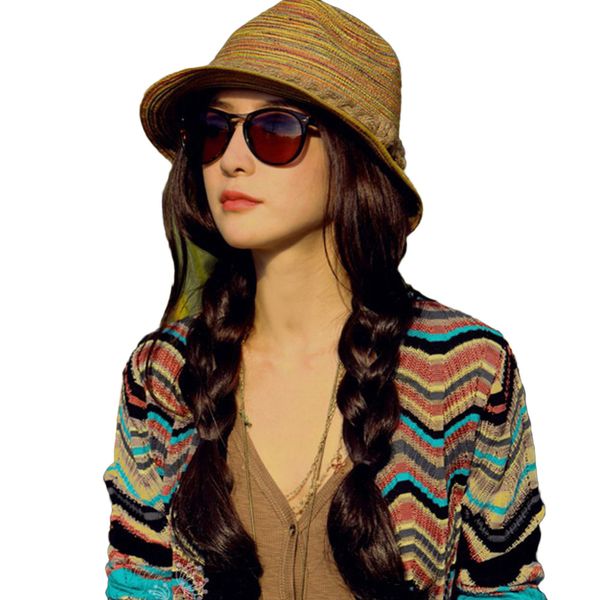 Atacado-Hot New Fashion Ladies Ladies Summer Chapéus Meninas Casual Floppy Straw Sun Hat Listrado Caps Bohemia Praia Chapéus Para Mulheres Barato Z1