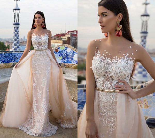 

lace appliqued mermaid wedding dresses with detachable train sheer jewel neckline trumpet backless overskirt country bridal gowns, White