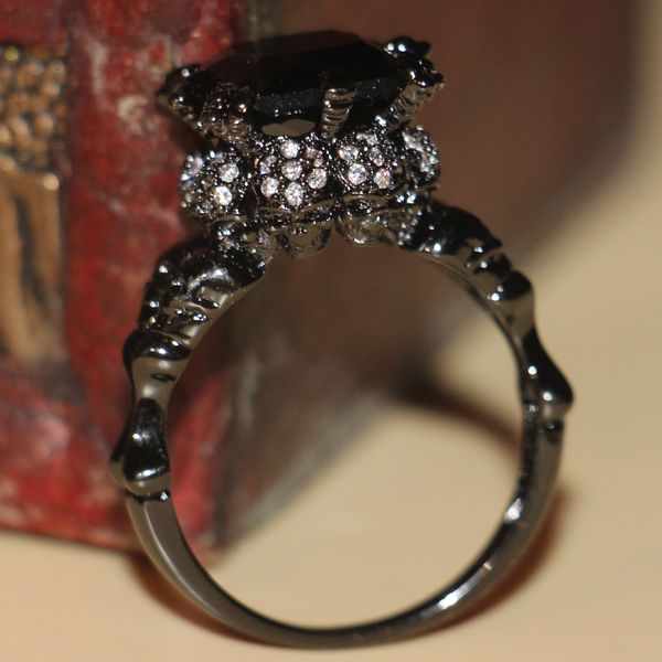 

size 5-11 vintage jewelry professional wholesale 10kt black gold filled sapphire cz diamond gemstones wedding women skull ring for love gift, Slivery;golden