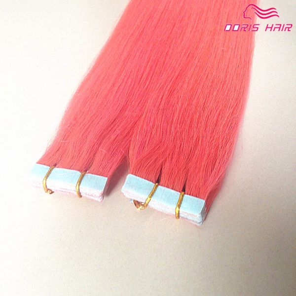 Estensione dei capelli con nastro di colore rosa Nastro europeo nelle estensioni dei capelli diritto serico 20 pezzi / lotto Nastro colorato nelle estensioni dei capelli DHL libero