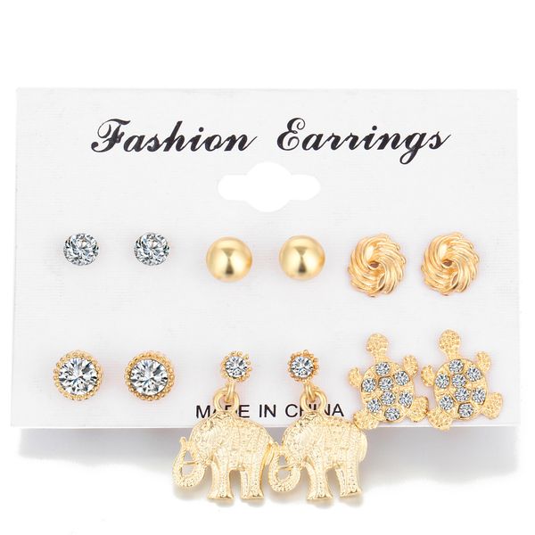 

retro punk turtle elephant crystal earrings jewelry sets 6 pairs earrings jewelry set for women gift jewelry ej097, Silver