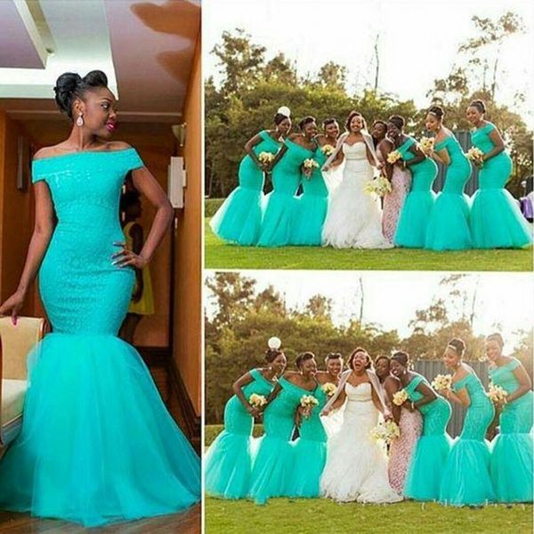 África do sul Estilo Azul Da Dama de Honra Vestidos 2016 Fora Do Ombro Plus Size Sereia Maid Of Honor Vestidos Para O Casamento de Tule Turquesa Vestido Formal