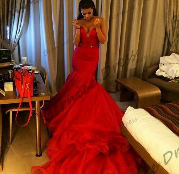 

Hot Sale Evening Dresses Sweetheart Beading Red Mermaid Satin Long Train Formal Gown Robe De Soiree 2019