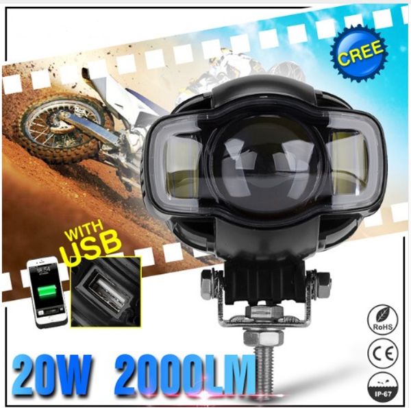 

1pcs 20w motorcycle led fog light with usb cree led fog lights 2000lm charger for jeep hummer harley yamaha motors suv
