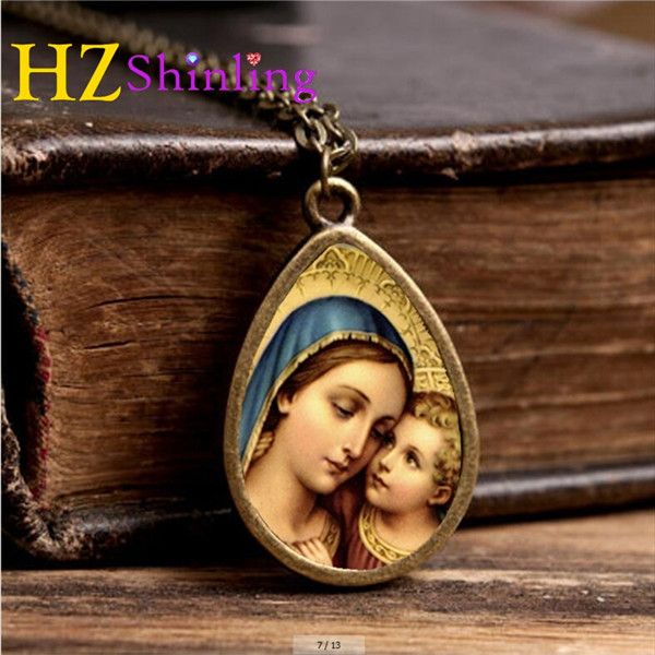 

blessed virgin mary mother of baby necklace jesus christ christian pendant catholic religious glass tile pendant necklace td-0020, Silver