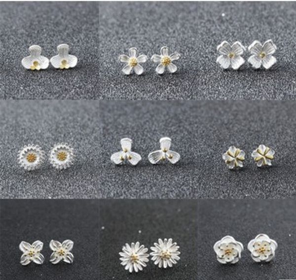 

delicate womens flower stud earrings s925 sterling silver floral ear studs gifts for her stud earrings, Golden;silver