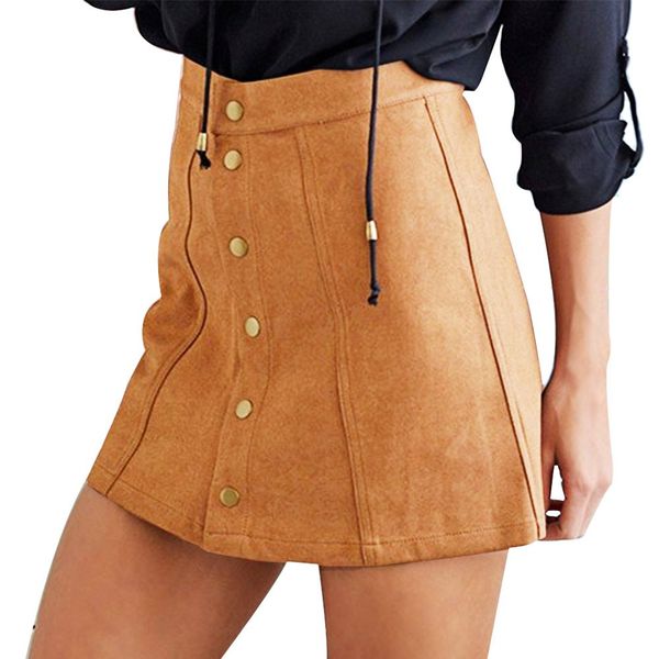 

wholesale-2016 women skirts faux suede skirt vintage a-line high waist bodycon button short saia femininas mini female skirts, Black
