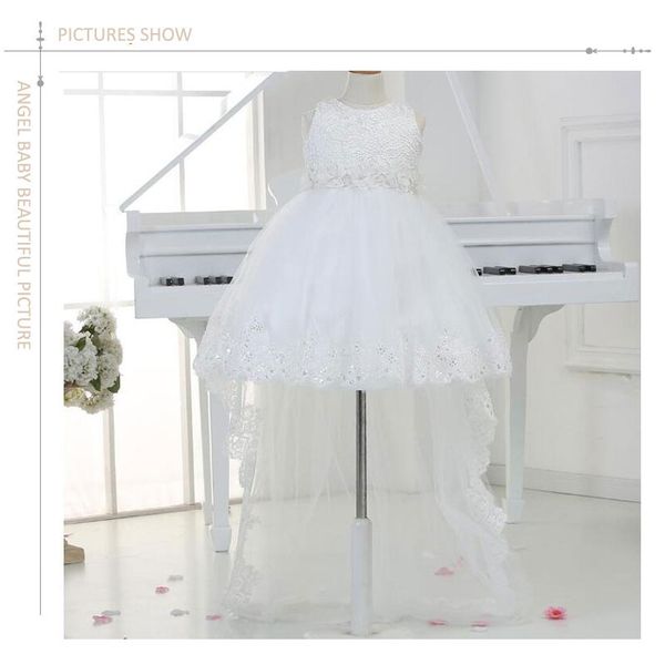 

2016 long tail drag girl dresses sleeveless tulle white satin flower girl dresses for weddings first communion dresses, White;blue