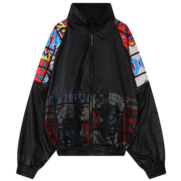 Commercio all'ingrosso- 2017 Autumn Women Bomber Jacket New Double X Ricamo Net Causal Graffiti Ladies Maniche lunghe Plus Size Outwear Cappotto