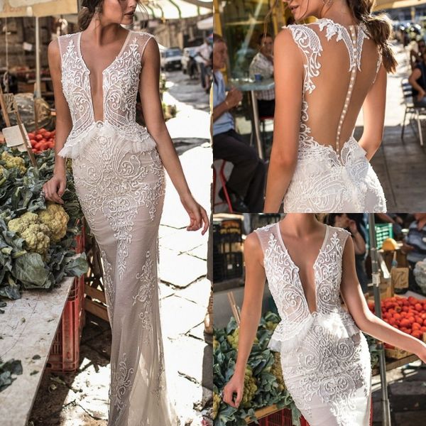 

berta wedding dresses deep v neck sleeveless unique designer lace applique boho wedding dress sweep train bridal gowns, White