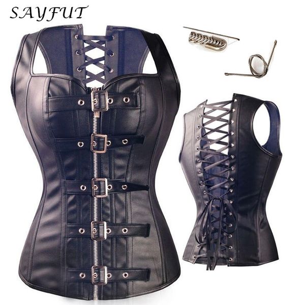 

wholesale-women pvc steampunk corselet steel boned waist training overbust faux leather corset body shapewear bustier, Black;white