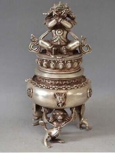 

tibet tibetan silver bronze mahakala buddha incense burner censer ing