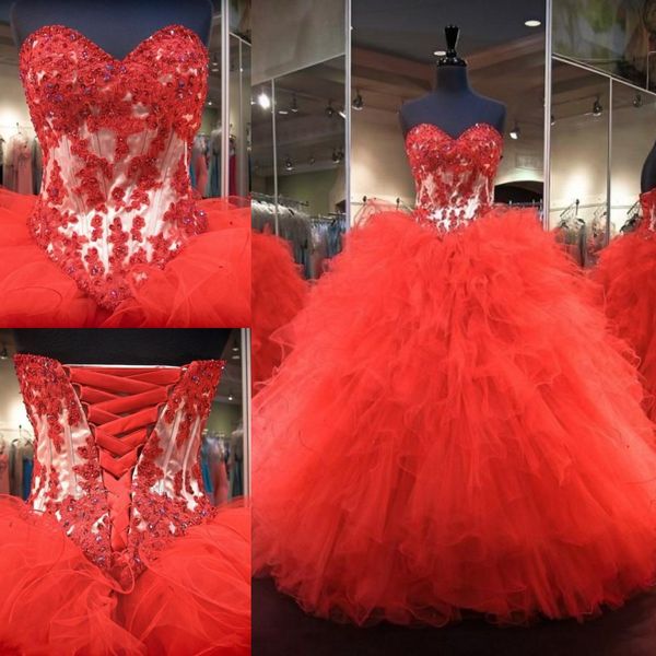 

красный зашнуровать бальное платье quinceanera платья 2016 милая аппликации многоуровневого тюль длина пола длинные красный сладкий 16 плать, Blue;red