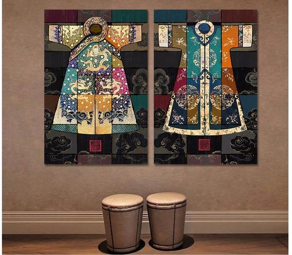 

ретро китайский 2 шт. китайская гостиная украшение династии цин одежда холст картины на стене висит декор дома без рамы