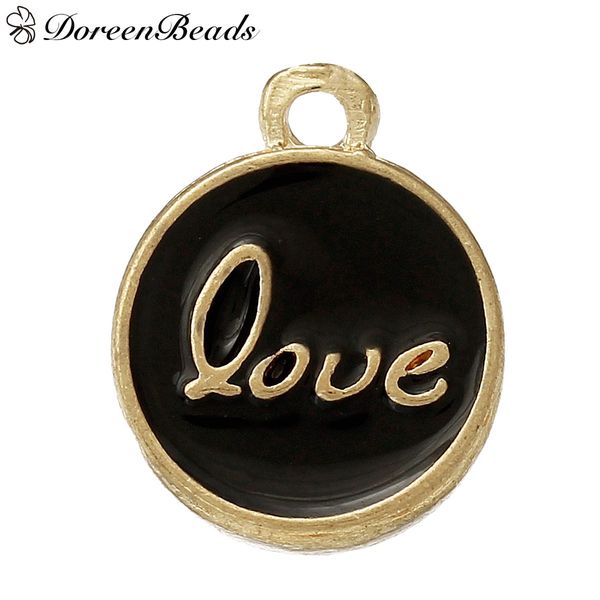 

charm pendants round gold plated message " love " carved black enamel 15mm(5/8")x 12mm(4/8"), 10 pcs 2016 new jewelry ma, Bronze;silver
