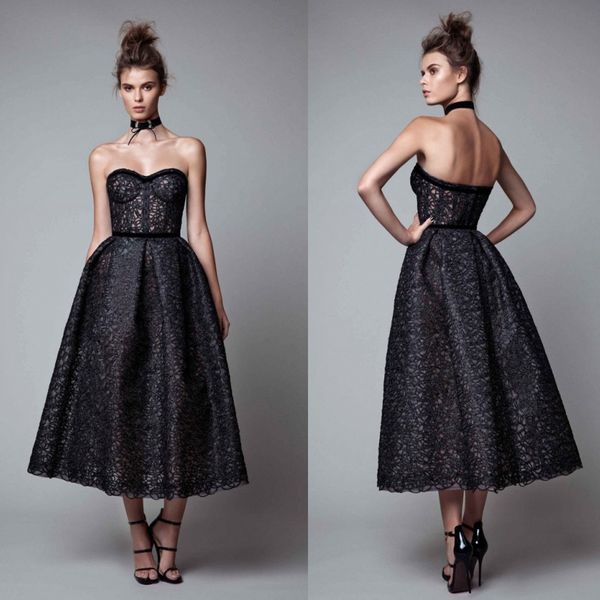 

berta 2019 black prom dresses lace applique evening dress sweetheart neck tea length party gowns