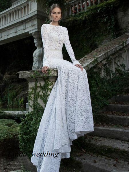 

new trumpet mermaid long sleeves chapel train lace backless wedding dresses bridal gowns, White