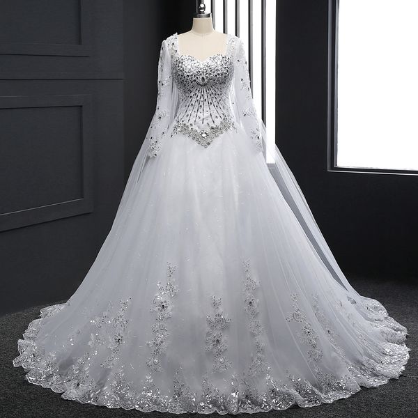 

crystal appliques long sleeves ball gown wedding dress with chapel train 2018 lace up wedding gowns real p, White