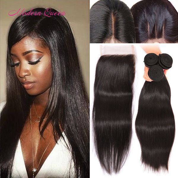 8a Malaysian Straight Human Lace Closure With 3 Bundles Hair