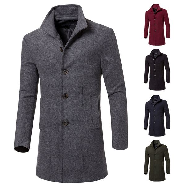 

Mens Trench Coats Winter Fashion Long Jackets Single Breasted Woolen Slim Fit England Style Coats Solid Color Handsome Wear