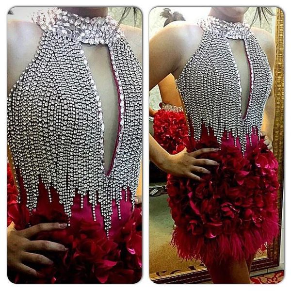 

сексуальные короткие красное перо коктейльные платья замочную скважину шеи кристалл оболочка вечерние платья без рукавов бисером мини-платье, Black