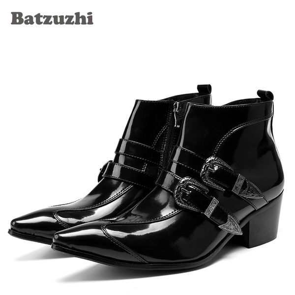 Botas de Couro Preto de Patente de Motociclo 6.5 CM Saltos Estilo Japonês Moda Mens Ankle Boots Homens Inverno-Outono Botas Curtas Homens, tamanho Grande US6-12