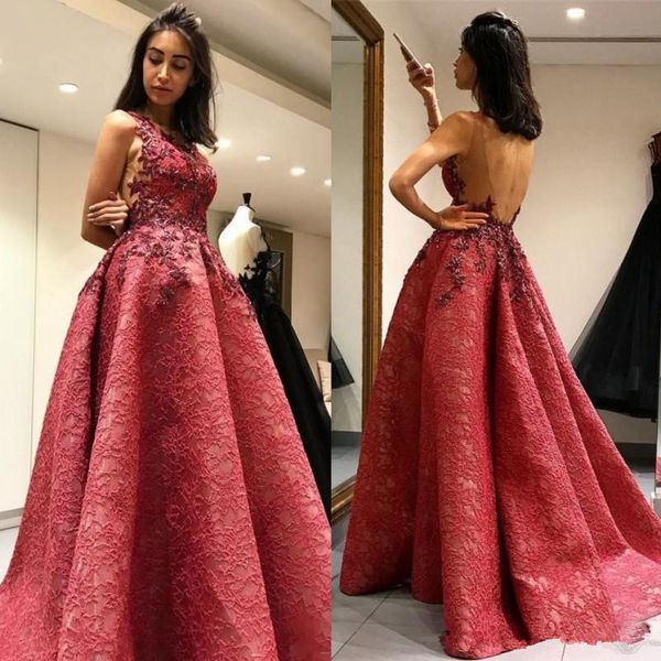 

saudi arabia lace appliques prom dresses 2018 backless a line evening gowns sleeveless women formal party vestidos custom made, Black;red