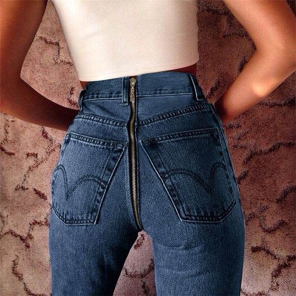 

women brand designer fitted denim pants 2017 autumn winter high waist jeans pockets bottom back zipper pencil leggings jeggings, Blue