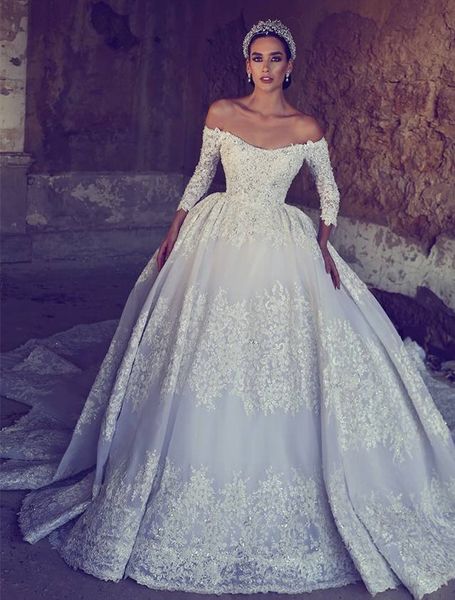 

2017 lace ball gown wedding dre e with off houlder 3 4 long leeve chapel train beaded equin applique elegant audi bridal gown