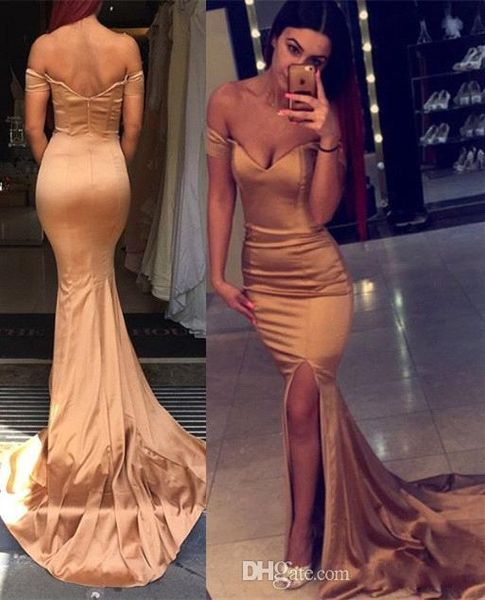 

2016 off shoulder split mermaid prom dresses 2017 gold long backless evening gowns robe de soiree elastic satin women party dresses, Black