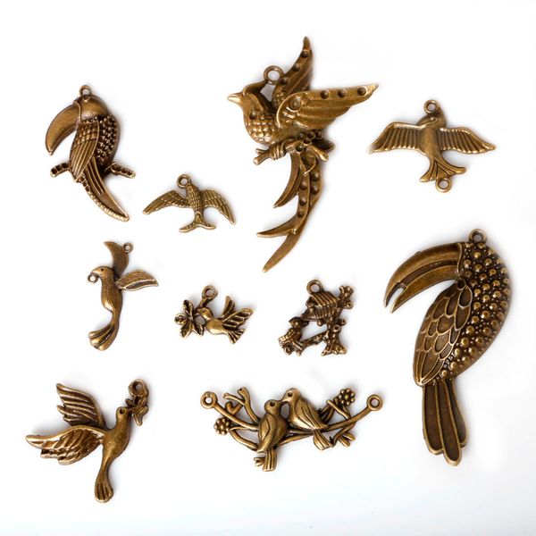 

48pcs/lot zinc alloy antique bronze plated bird magpie vintage tibetan pendants diy bracelet necklace jewelry making diy, Bronze;silver