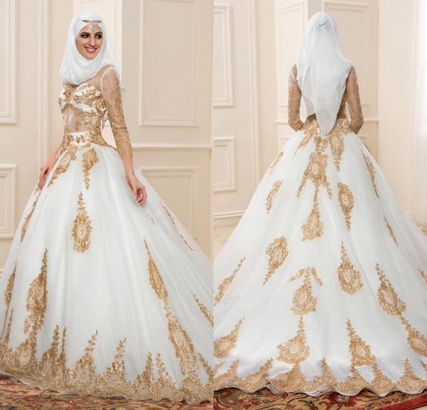 

удивительные белые свадебные платья с золотыми кружевами с длинными рукавами мусульманские свадебные платья 2016 последний дизайн vestidos d, White