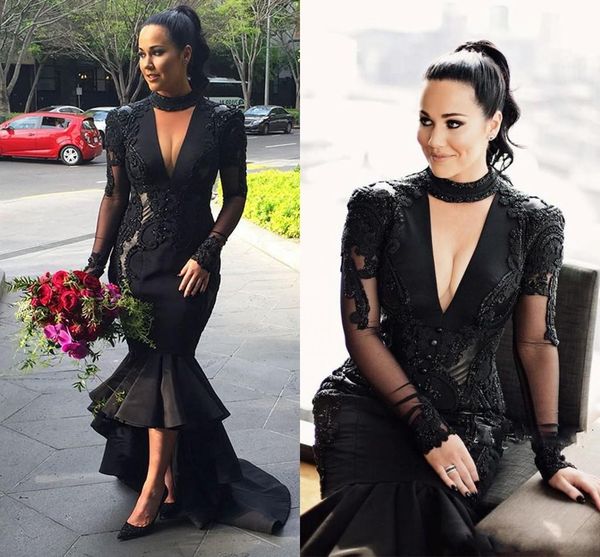 

2019 plus size high nick black deep v neck prom dresses lace appliques evening gowns satin high low arabic mermaid party dresses7681223, Black;red