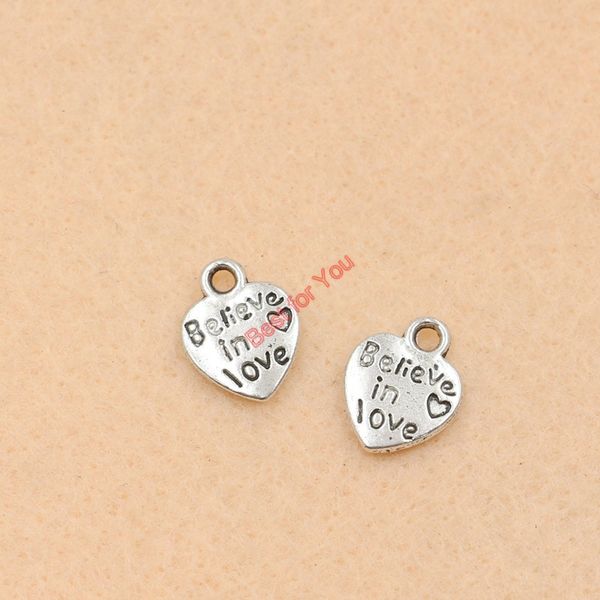 

100pcs antique silver tone believe in love heart charms pendants for jewelry making diy jewelry findings 12x10mm jewelry making, Bronze;silver
