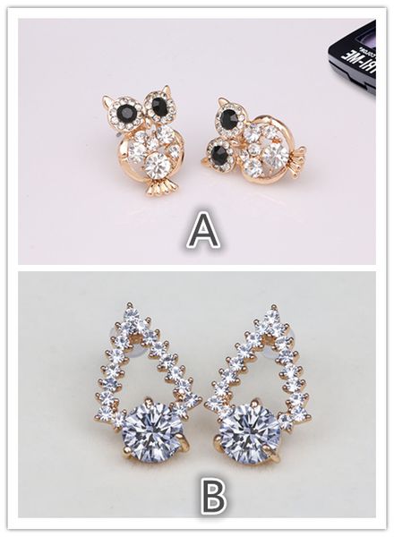 

stud earrings silver gold plated tone zircon jewelry elegant hypo allergenic accessories new fashion gift for women ladies 2016, mix items, Golden;silver
