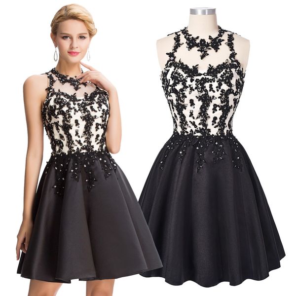 

High Quality Sleeveless black Short prom dresses 2019 Appliques lace dinner gowns Hollowed Back party dress vestidos knee length evening
