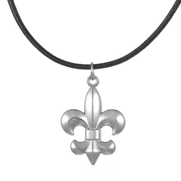 

alloy metal fleur de lis pendant necklace on black leather chain, Silver