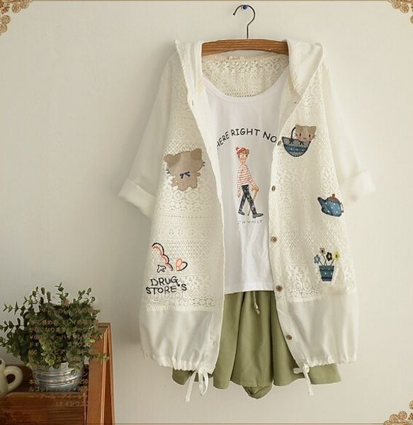

wholesale- sweet refinement lace applique long sleeve drawstring hem sun shirt hooded jacket mori girl, Black;brown