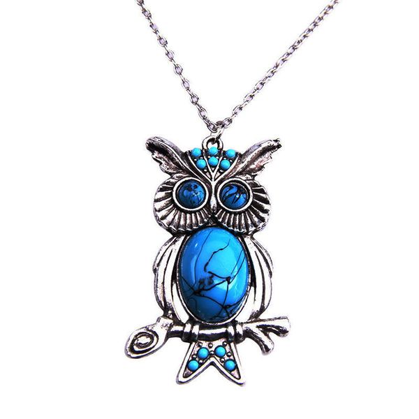 

new fashion turquoise owl pendant necklace chain vintage charm jewelry for women pendant long chain statement necklaces, Silver