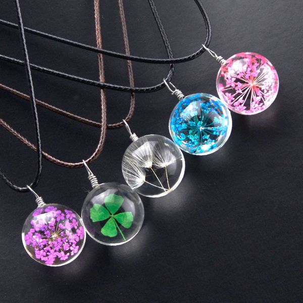 

necklace with died flowers, glass pendant, dandelion/four leaf clover/flower, and high quality, Silver