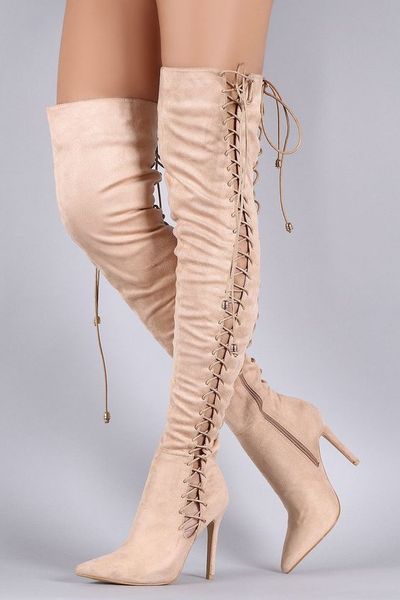 

Sexy Thigh High Booties European Hot Party Shoes Cut-outs Suede Stiletto Heel Pointy Gladiator Strappy Boots