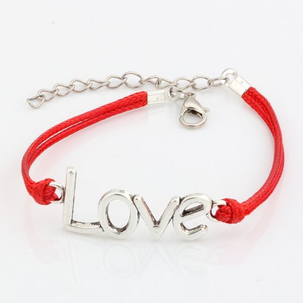 

Hot ! 10pcs fashions Red Wax lines with Antique silver Alloy " Love " Charm Adjustable String Bracelet
