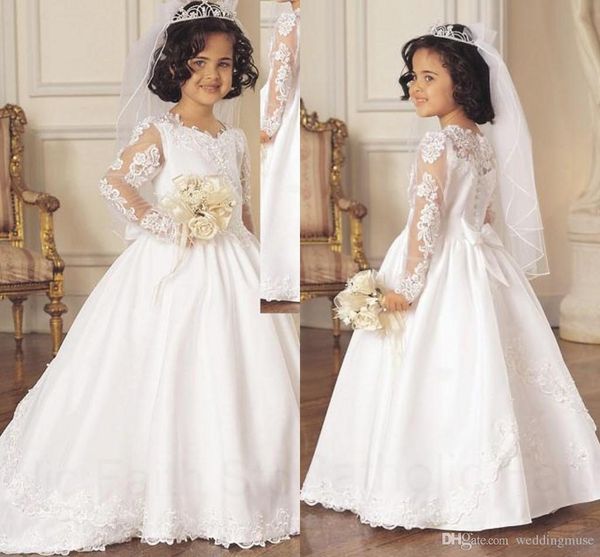 

2021 white flower girls dresses vintage a line jewel long sleeves lace appliques satin communion dresses covered button back girls dresses, White;blue