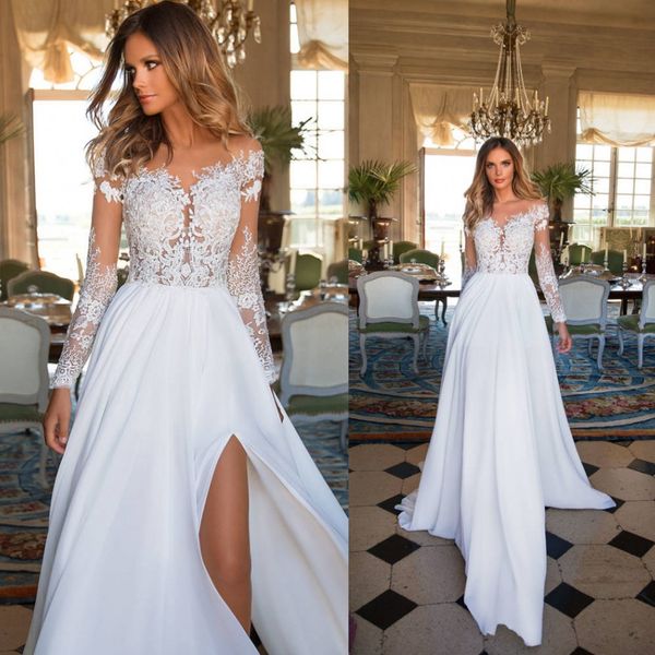 

милла нова sheer длинными рукавами свадебные платья сексуальная сторона сплит vestido де noiva кружева свадебные платья, White