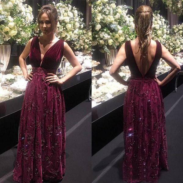 

exquisite burgundy velvet prom dresses long deep v neck with bling beads vestidos festa backless vintage dress party evening custom size, Black