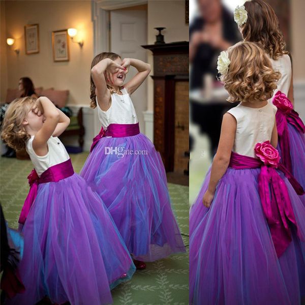 

modest wed purple flower girls dresses for weddings tulle elastic satin floor length ball gown pageant dresses for girls, White;blue
