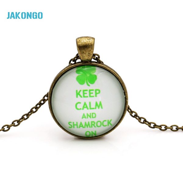 

jakongo glass dome cabochon 25mm keep calm and shamrock on clover necklace glass cabochon dome pendant n007, Silver