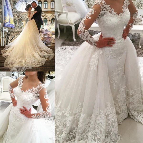 

sheer lace long sleeves wedding dresses bridal gowns with detachable skirt 2017 v-neck beaded tulle court train vestido de novia qq0153, White