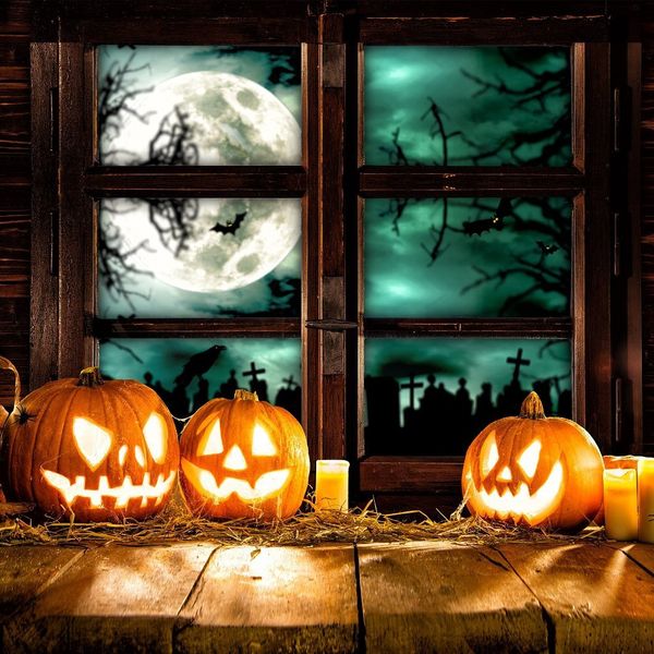 Kürbislaternen, Halloween-Hintergründe für Fotografie, Vollmondnacht, draußen, Fenster, Kinder, Kinder, Fotostudio, Hintergrund, Holzdielenboden